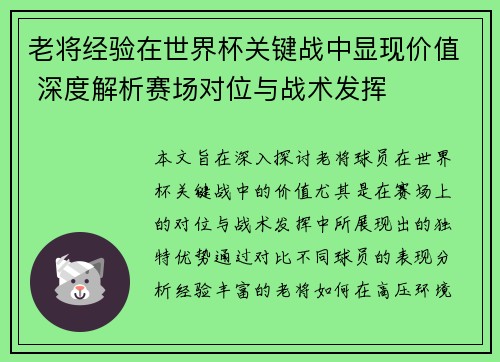 老将经验在世界杯关键战中显现价值 深度解析赛场对位与战术发挥